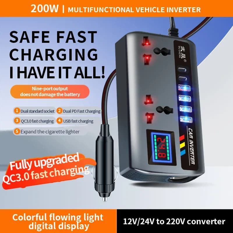 Car Inverter 12V/24V to 220V Converter USB/PD/Type-C QC 3.0Chargers 200W 9 Charging Ports Sockets ON/OFF Switch Power Adapter