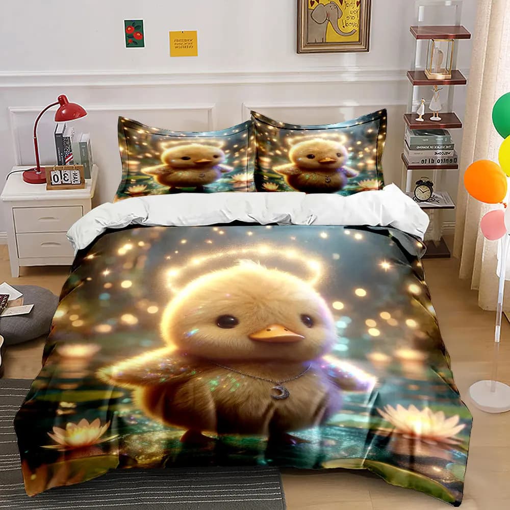 Set copripiumino stampato con anatra incantata sul laghetto dei fiori di loto, 1 copripiumino + 2 federe, decorazioni per la camera da letto in diverse misure, regali di lusso
