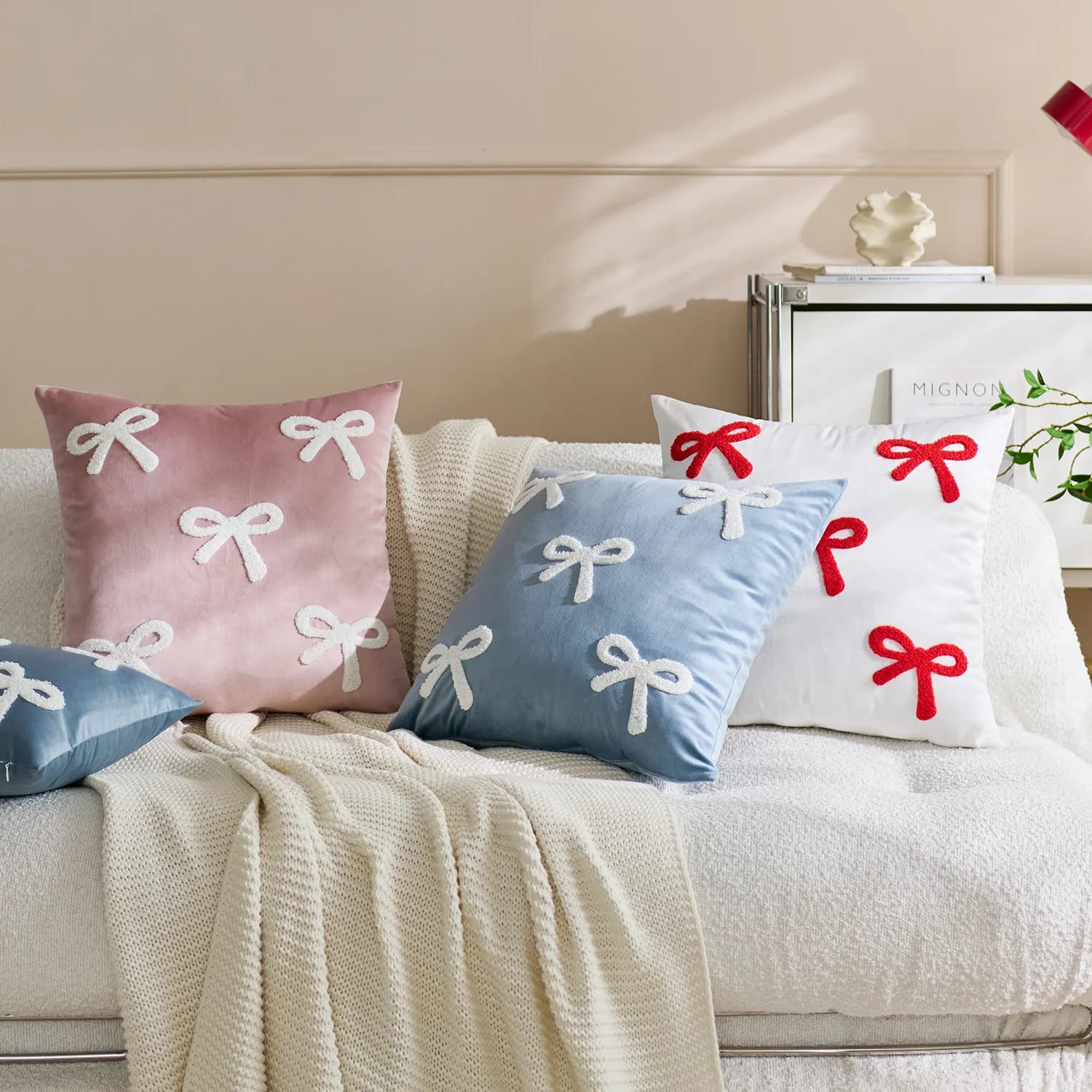 Morbido velluto solido fodera per cuscino fiocco ricamato rosa blu bianco rosso casa decorativa fodera per cuscino 45x4 5/30x50 cm divano letto divano