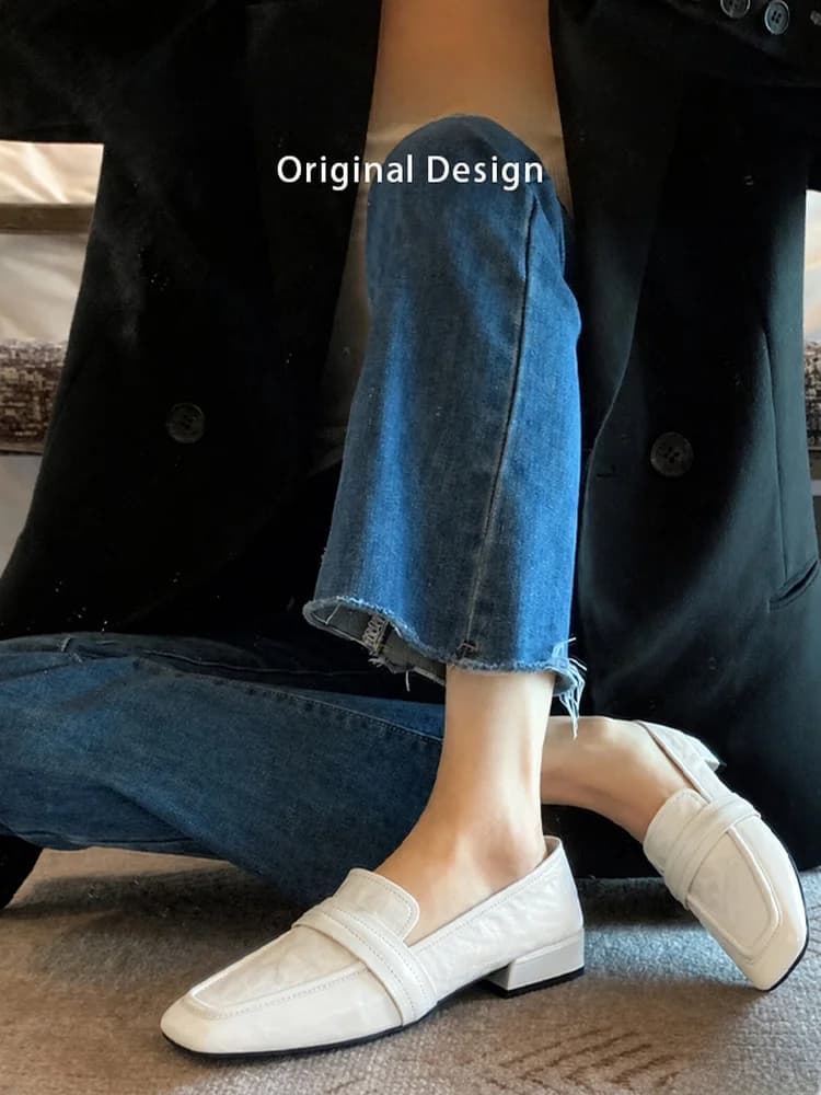 British Style Leather Loafers Women's Deep Mouth Soft Genuine Leather Slip-On Comfortable Square Head Fashionable Flat Shoes