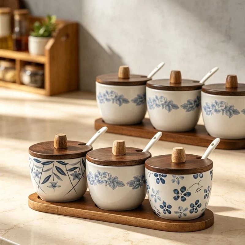 Vintage Ceramic Spice Jar Set with Wooden Lid Spoon Base Kitchen Condiment Salt Sugar Storage Container Seasoning Canister Kit