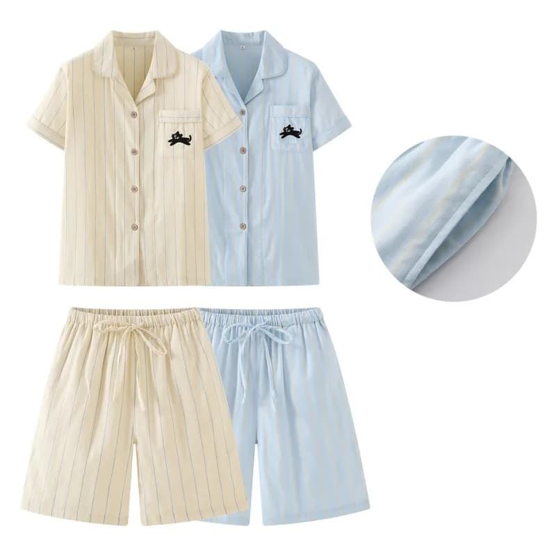 Summer Women Casual Striped Pajama Sets 100% Cotton Sleepwear Suit Women's Short Sleeve Turn-down Shirt & Shorts Loungewear Suit