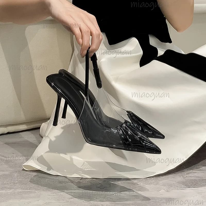 2026 New Pointy Versatile Heels Shoes Commuting Sexy PVC Transparent Film Black Patent Leather High Heel Sandals Party Wedding