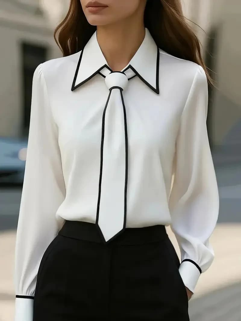 Women's fashion tie lapel design casual long-sleeved shirt