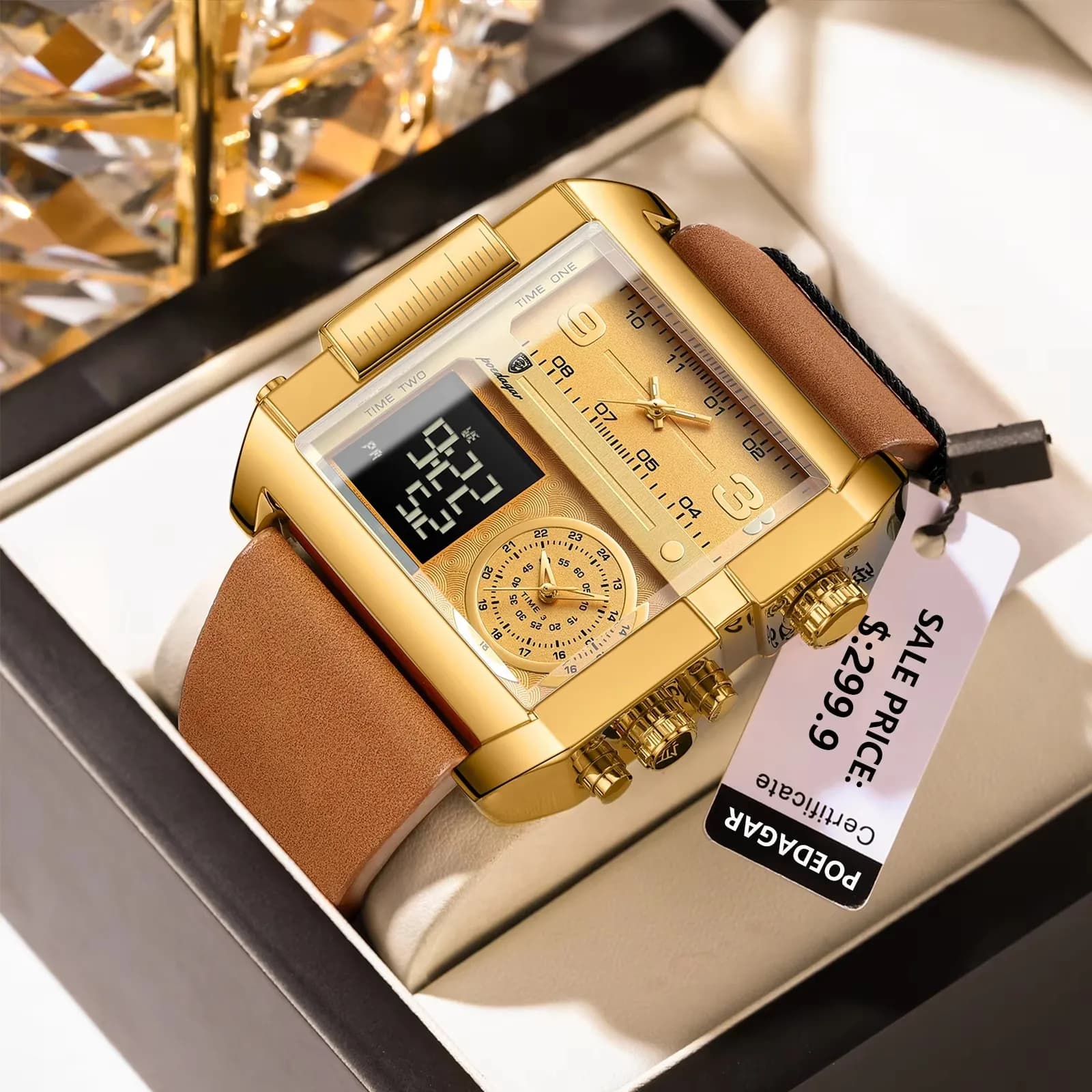 Men's Watch Luxury Rectangle Waterproof Luminous Weekday Digital Men's Watch Multifunction Quartz Watch