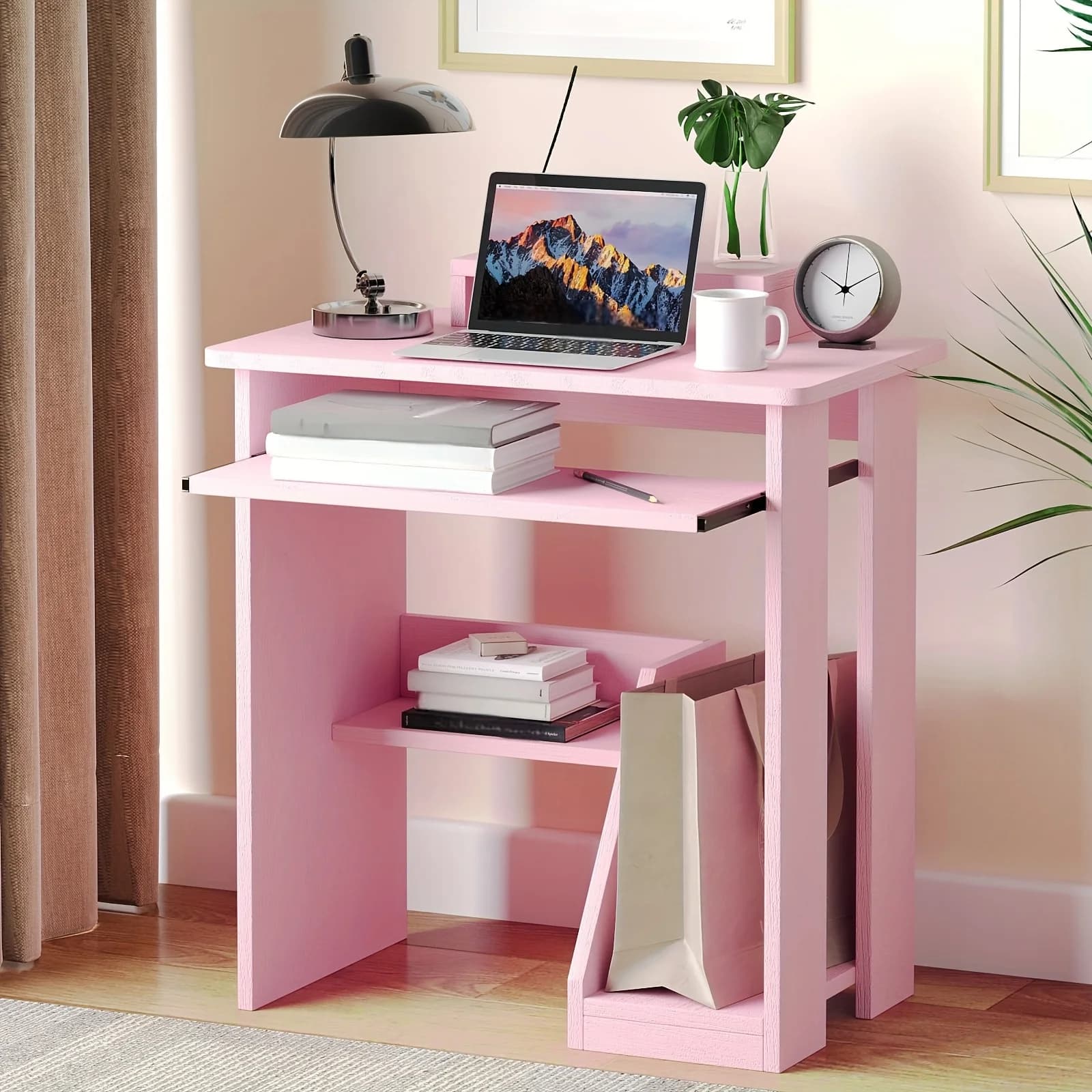 30 inch pink corner desk with drawers - Space saving design, monitor support and keyboard tray, ideal for home office