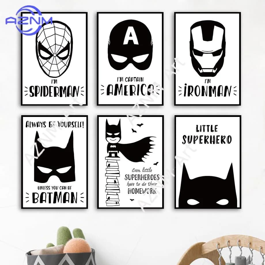 Quadri su tela da parete: Stampa artistica di un pipistrello in bianco e nero, poster e stampe nordiche di supereroi da film, immagini per bambini, decorazioni per la cameretta dei bambini