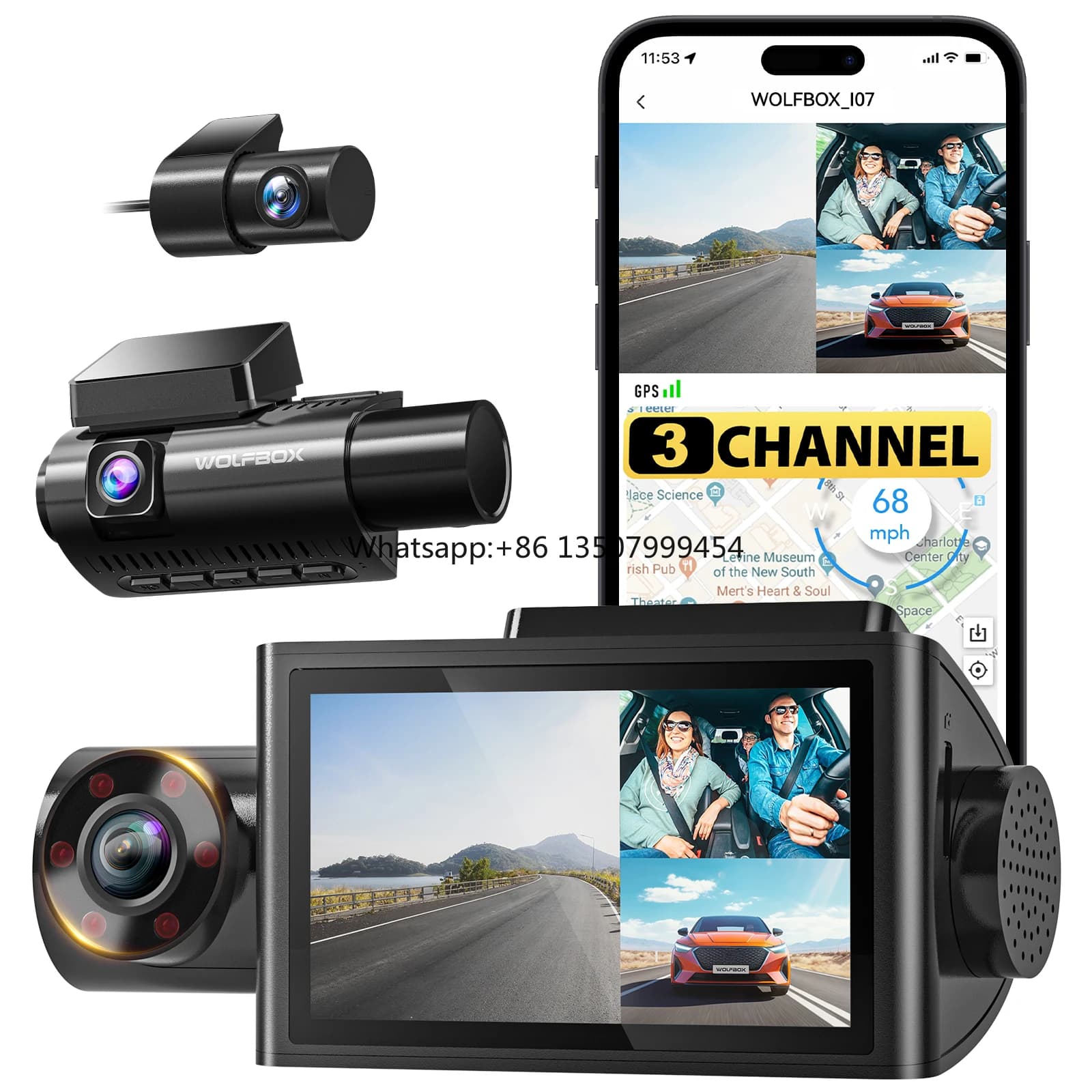 I07 4K 3 Channels, Dash Cam with Night Vision, Wi-Fi and GPS