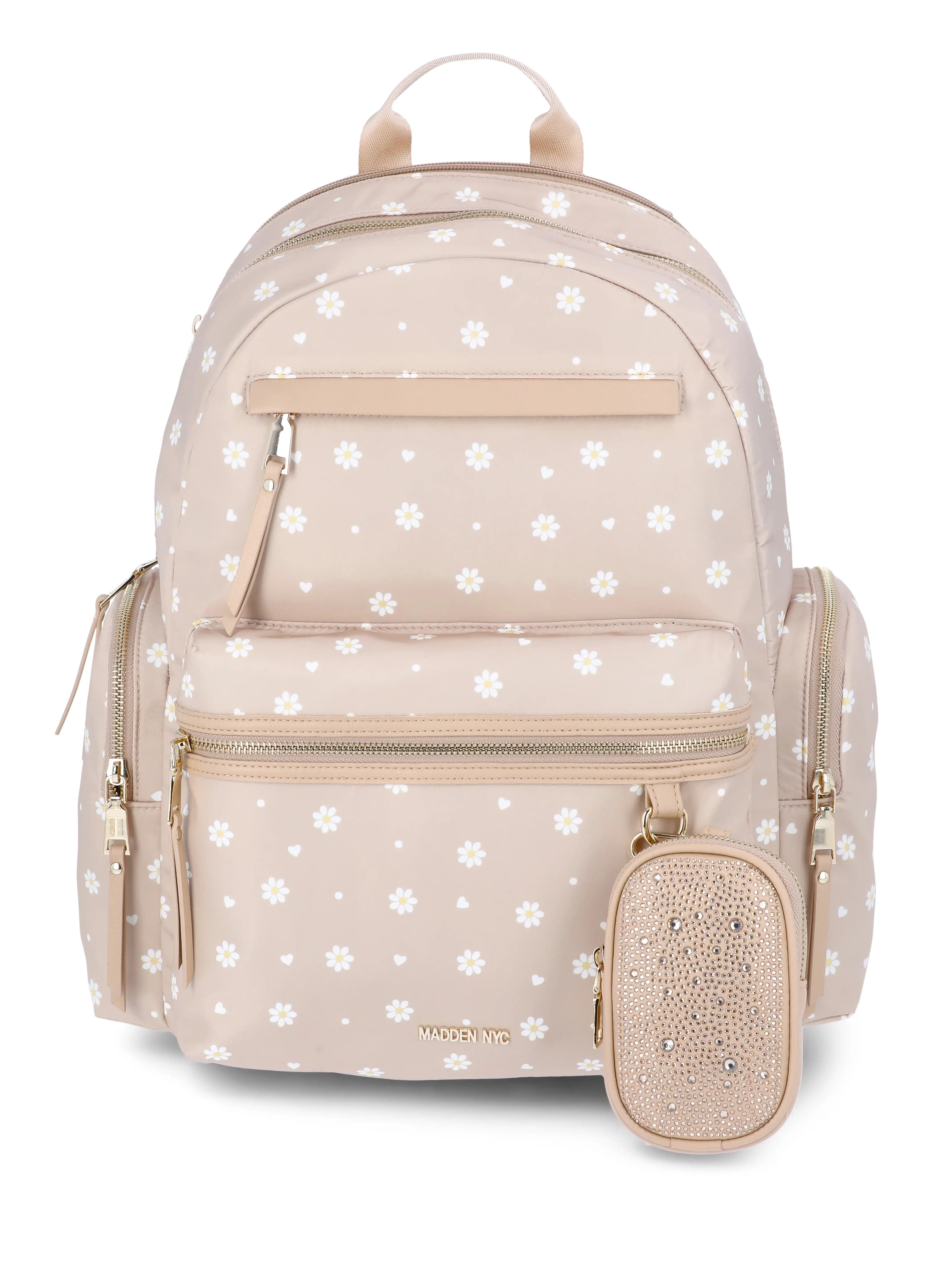 Women's dome-shaped backpack with front pocket and detachable pouch in khaki daisy pattern