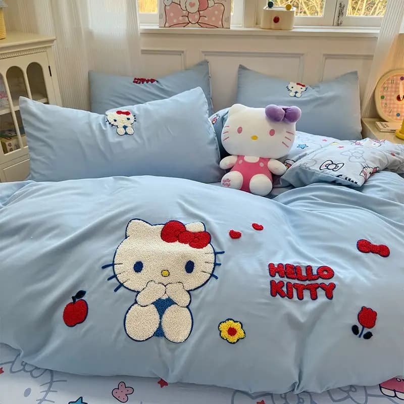 Sanrio Hello Kitty cartoon cute character anime bed sheet cotton cover set of three pieces for student dorm kawaii in four pieces