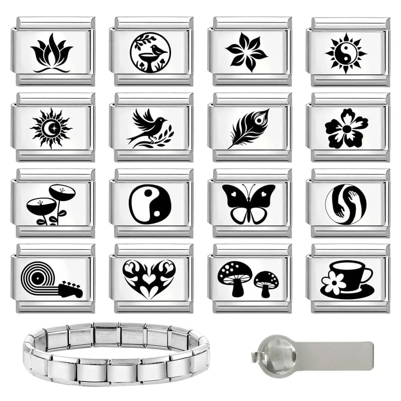 Incisione laser Cuore Sole Tai Chi Fiore Ciondoli italiani Collegamenti adatti Bracciale da uomo donna in acciaio inossidabile da 9 mm Regali fai da te