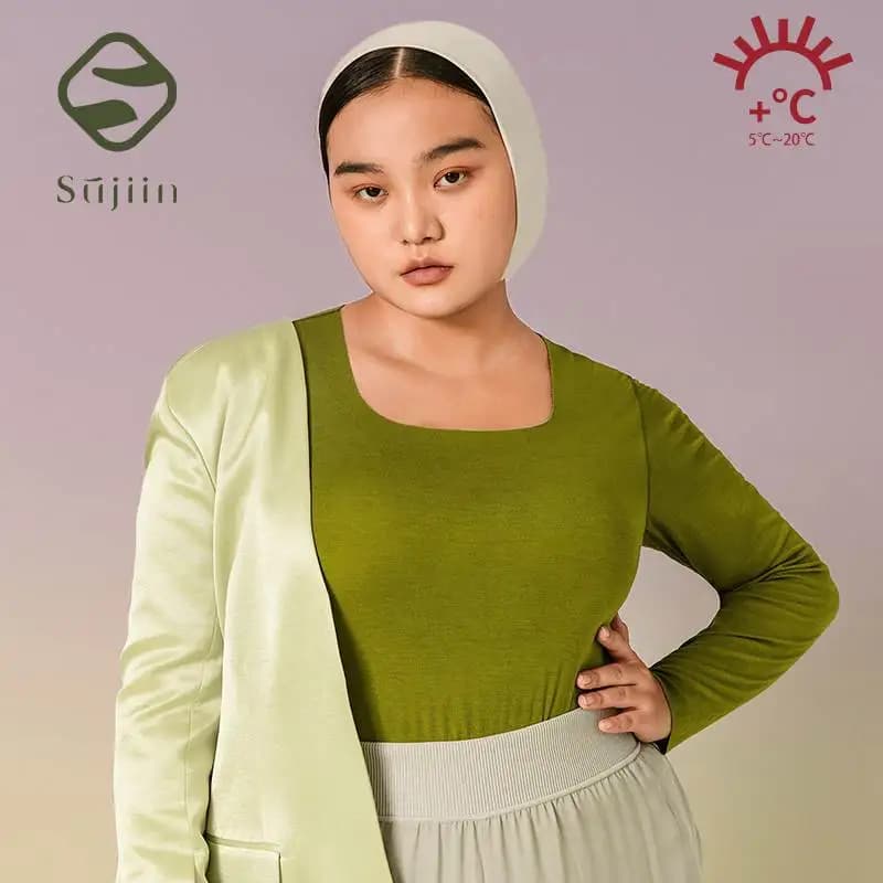 SUJIIN Plus Size Biancheria intima termica Top per donna 2025 Autunno Inverno Manica lunga Collo quadrato T-shirt oversize Top Donna WC024A