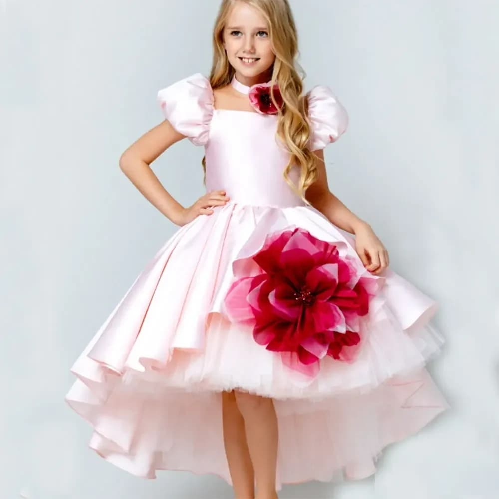 Elegante abito da ragazza di fiore rosa con fiori 3D in raso per bambini, matrimonio, compleanno, prima comunione, abiti da ballo per feste