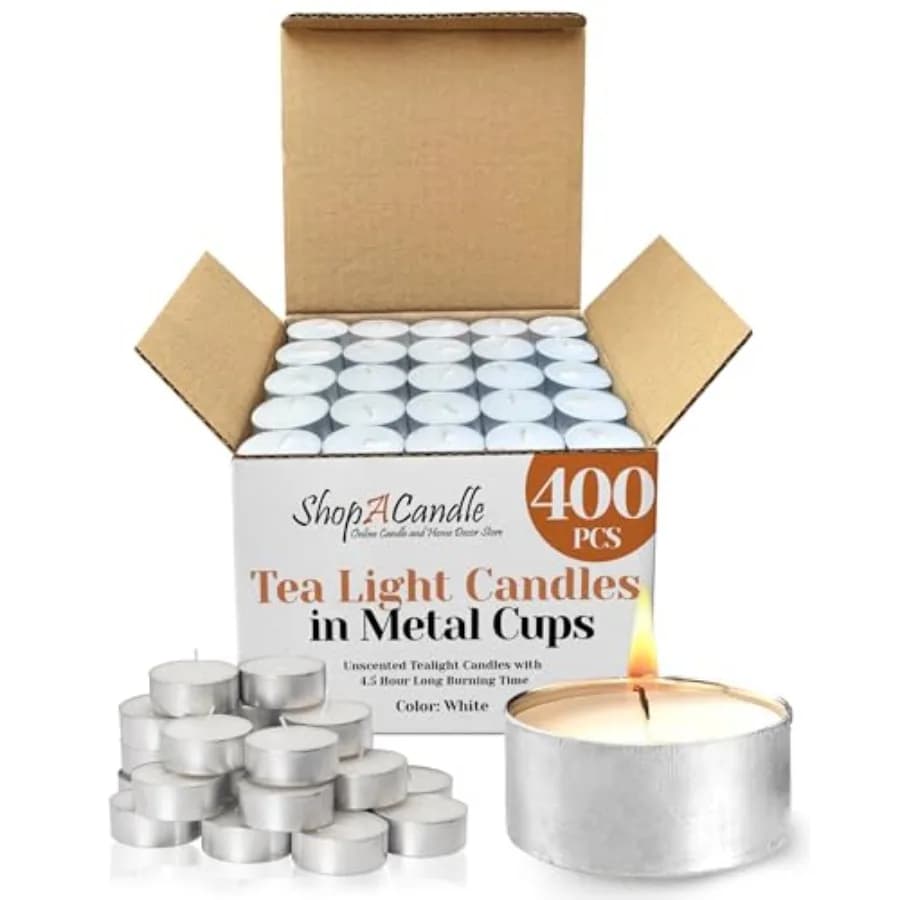 Confezione da 400 Candele Tealight in Contenitori Metallici - Bianche, Senza Profumo, Durata di Combustione 4,5 Ore - Candele Votive all'Ingrosso per Roma