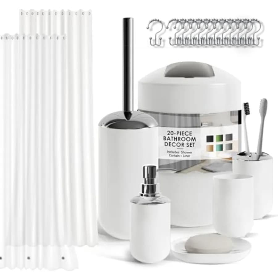 Set da Bagno - Set di Accessori per il Bagno, Set di 20 Pezzi, Set Tenda Doccia con Rivestimento, Porta Spazzolino, Portasapone