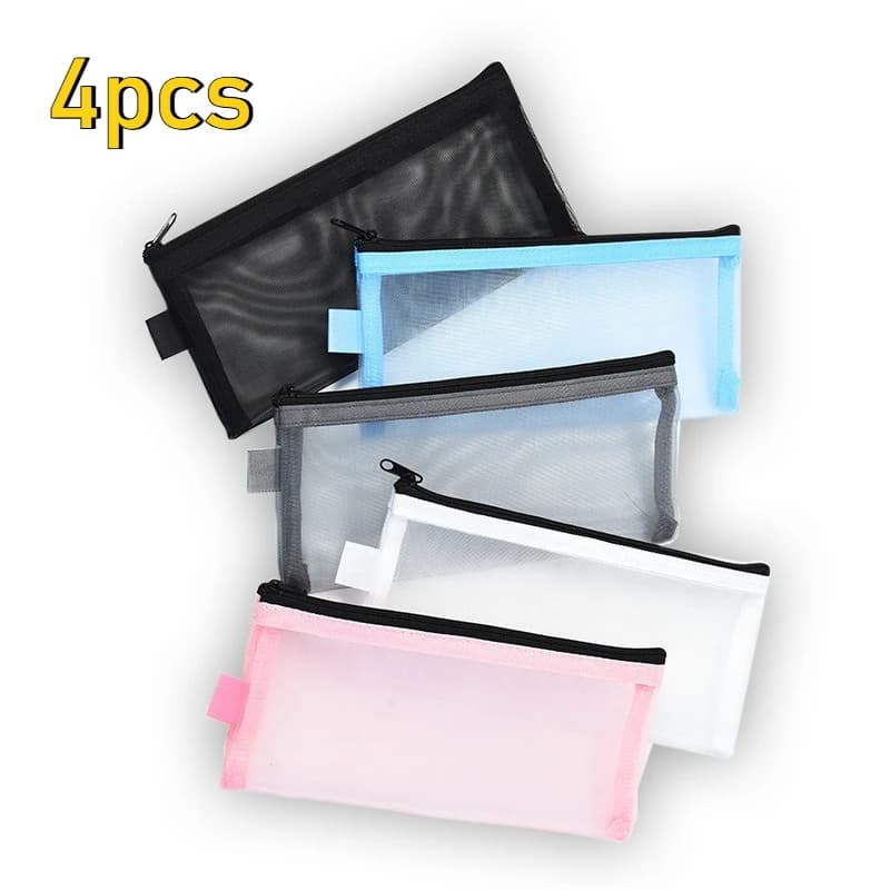 4pcs Transparent Mesh Pencil Case with Zipper Closure, Lightweight Nylon Tension Installation Portable