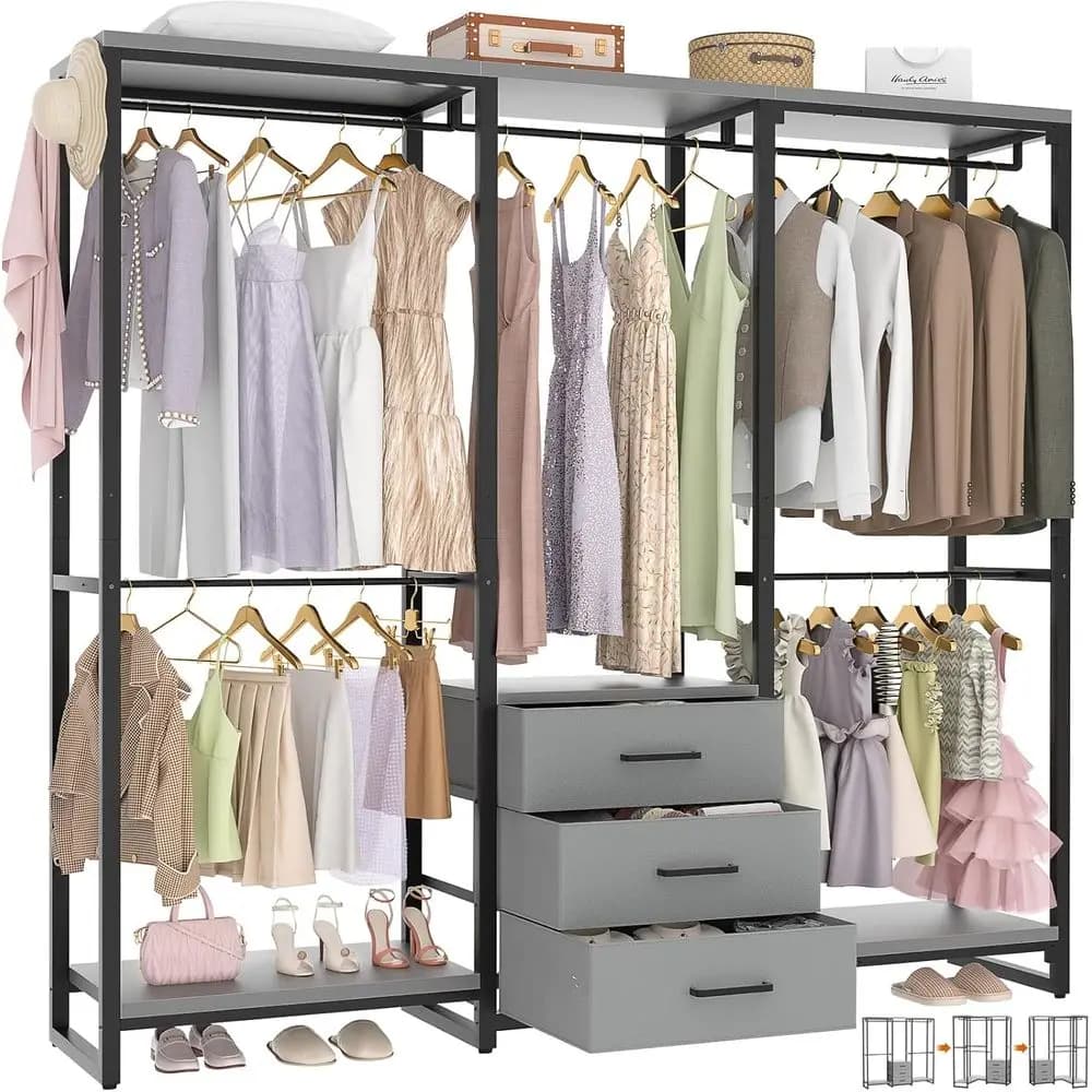 Grey Heavy-Duty L-Shaped Wooden Closet Organizer with Hanging and Storage Shelves