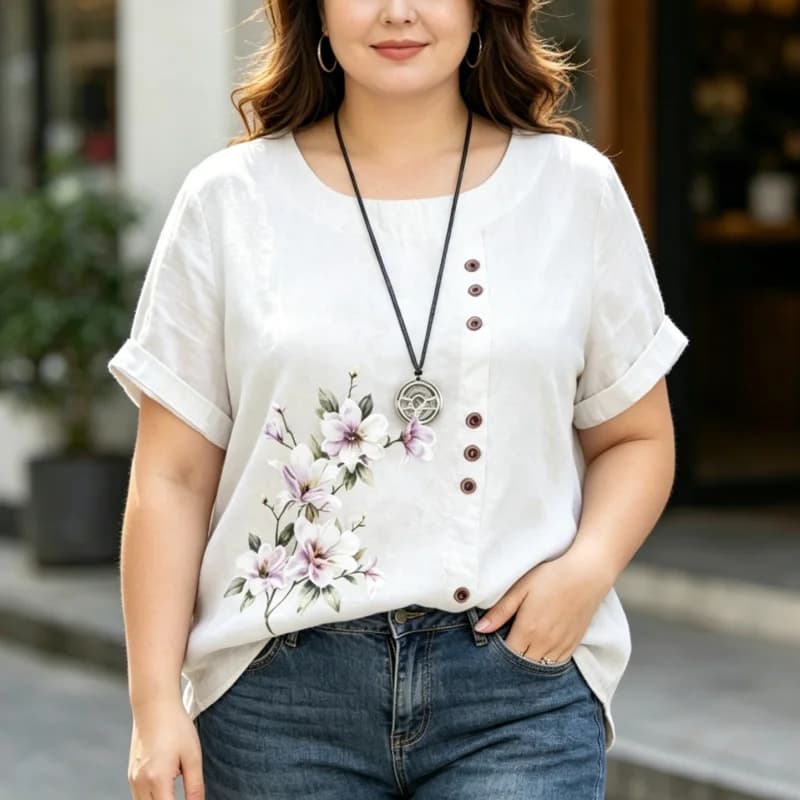 2026 Summer O-neck Short Sleeve Loose Button Print T-shits Fashion New Elegant Plus Size Blouse Casual Oversize Tee