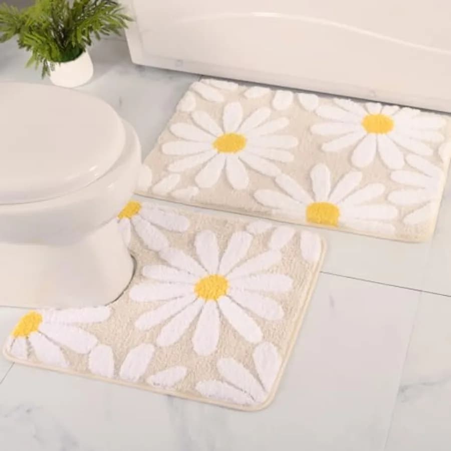 Set di Tappeti da Bagno 2 Pezzi, Simpatico Tappetino a Forma di Margherita, Tappeto per WC a Forma di U, Set Decorativo Floreale per Bagno, Tappetino Antiscivolo Super Assorbente