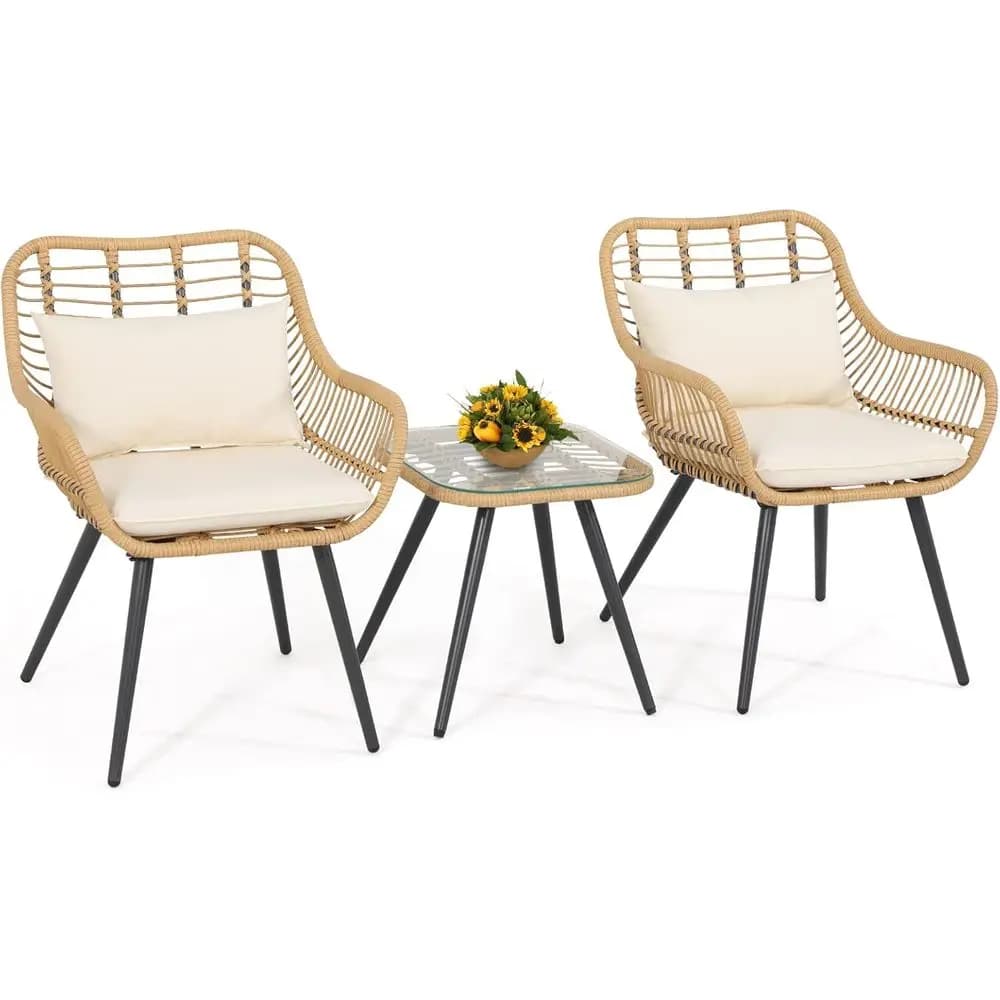3 Pieces Patio Bistro Set, Wicker Contion Chair Sets | Outdoor Balcony urniture, Coee Table, Glass Top, Cushions, Lumbar Pillows