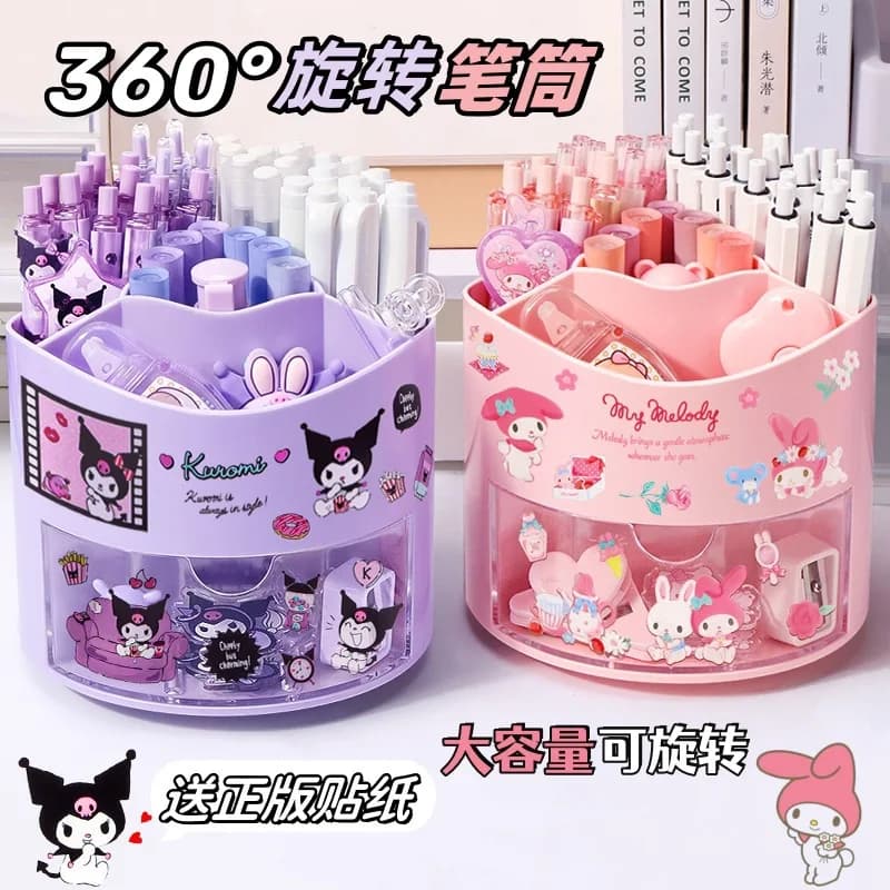 Kawaii Hello Kitty Rotating Pen Holder Drawer Cute Multi Functional Cartoon Anime Large Capacity Toy Student Girl Gift Wholesale