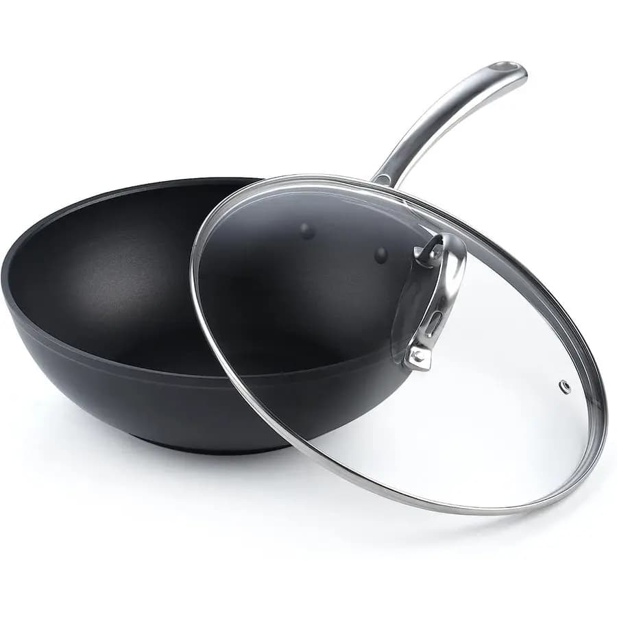 Wok Anti-adhesive pan 11 Inches, Deep Anodized pan with Glass Cover, Flat Bottom, Black