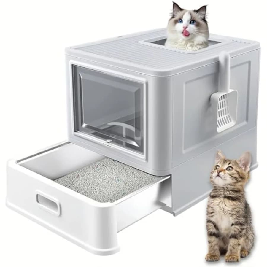 Stainless Steel Cat Litter Box with Drawer, XL Foldable Enclosed Kitten Litter Box with Lid for Indoor Cats, Metal Covered Cat