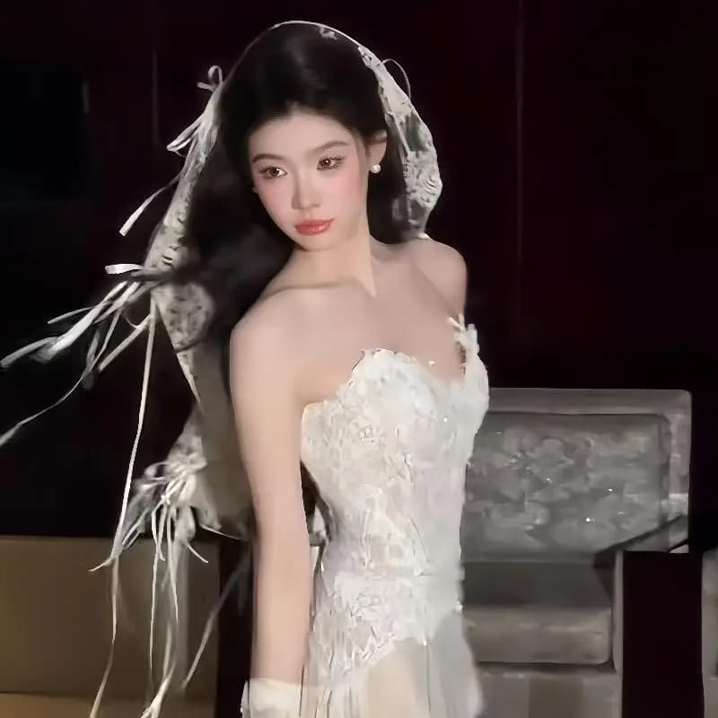 【Happy】1Pcs French Style Elegant Embroidered Short Bride Weeding Headwear Vintage Full Lace Bridal s With Bow Ribbon