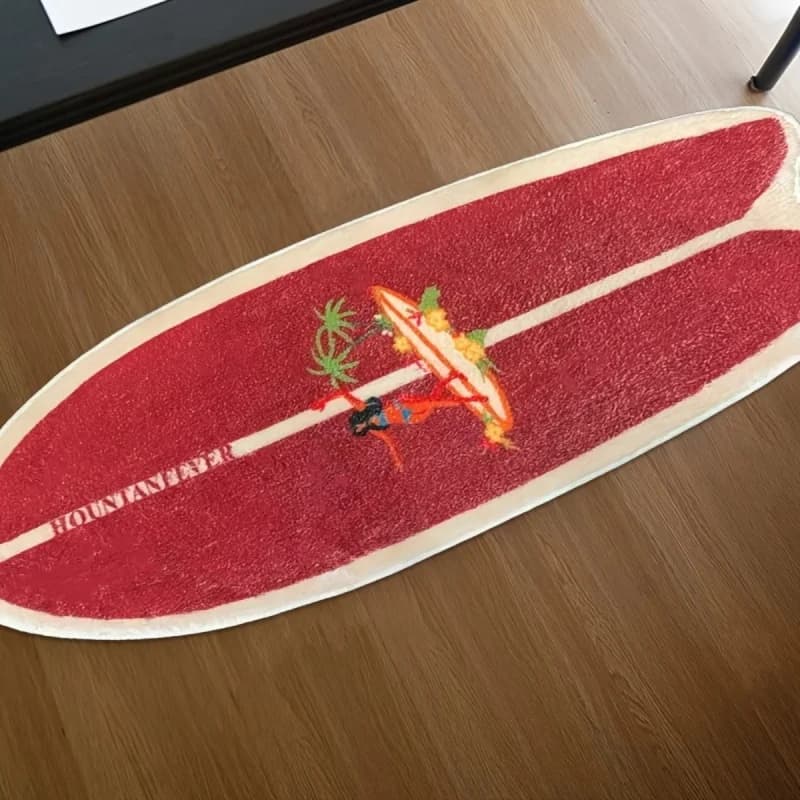 Retro Red Surfboard Shaped Area Rug, Hawaiian Hula Girl Palm Tree Print Irregular Fluffy Floor Mat, Non Slip Tropical Beach Styl