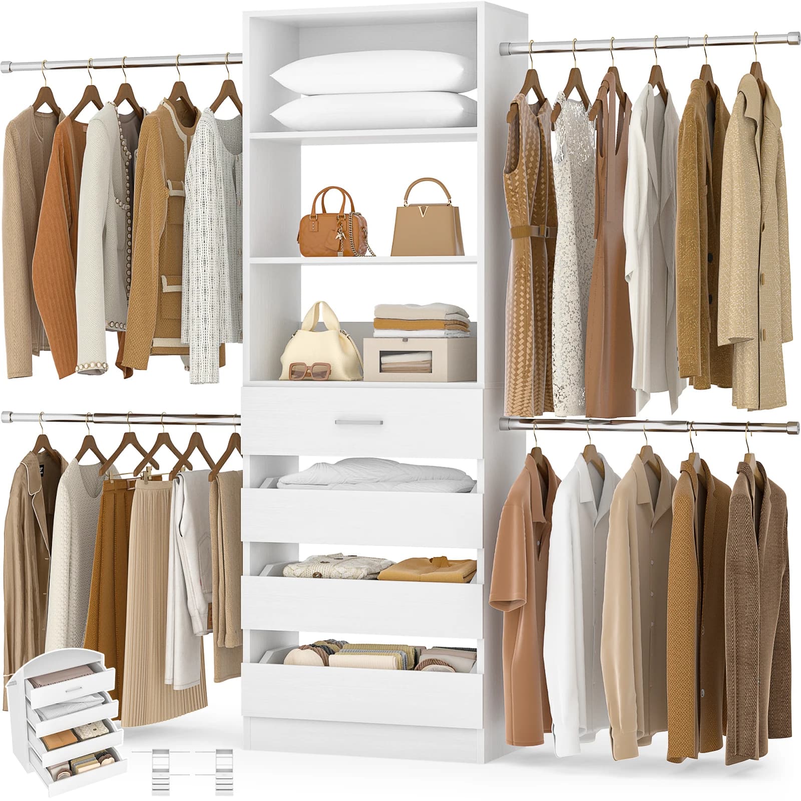 Sistema di armadio da 4-9 piedi con 4 cassetti in legno, organizer per armadio da passeggio, appendiabiti con 4 aste per appendere, appendiabiti