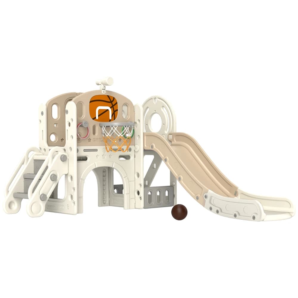Qaba7-in1 Set da gioco per diapositive per bambini (1-6 anni) con RingToss,BasketballHoop,Telescopio,Climber,Storage,Tunnel per crawlTunnel,Bianco crema