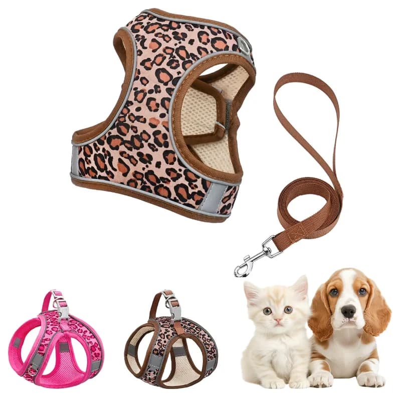 Adjustable Leopard Print Pet Cat & Dog Harness, Vest Harness Breathable Skin-Friendly Mesh, 1.5-Meter Leash, Lightweight