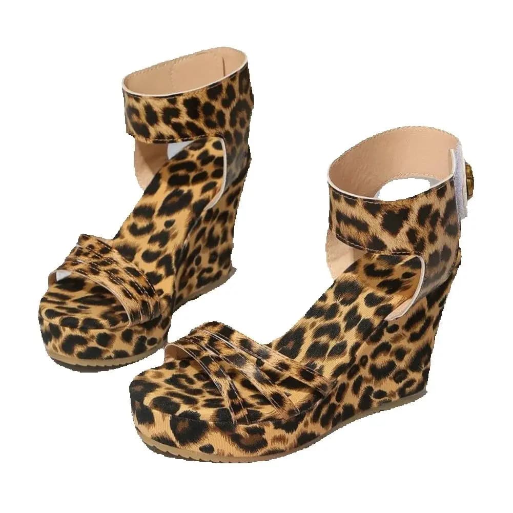 Sandali da Donna con Stampa Leopardata in Camoscio, Tacco Alto e Zeppa, Comodi, Versatili, Sexy, Scarpe Eleganti Primavera-Estate
