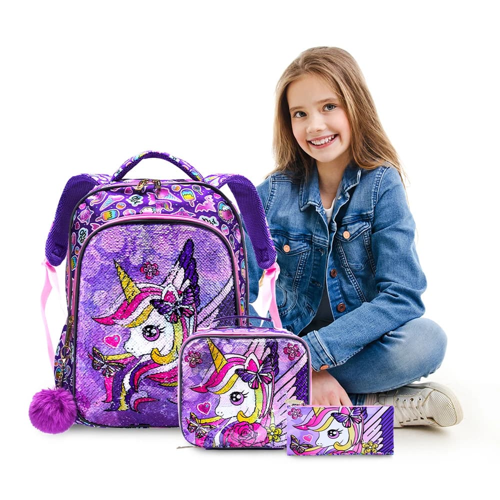 Set da 3 pezzi Zaino per ragazze Zaino scolastico per bambini con pranzo e borsa per penne Unicorno viola Simpatiche paillettes Funzione che si illumina al buio