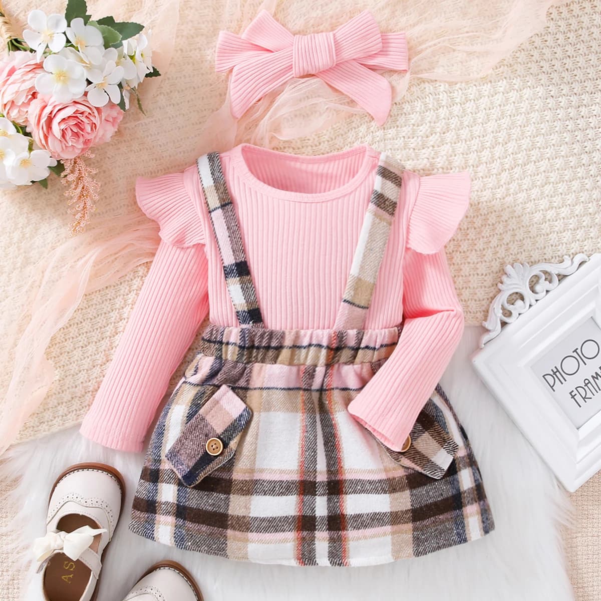 Nuova primavera e autunno ragazza carina rosa top a maniche lunghe abito casual con fionda set di abbigliamento per neonati e bambini