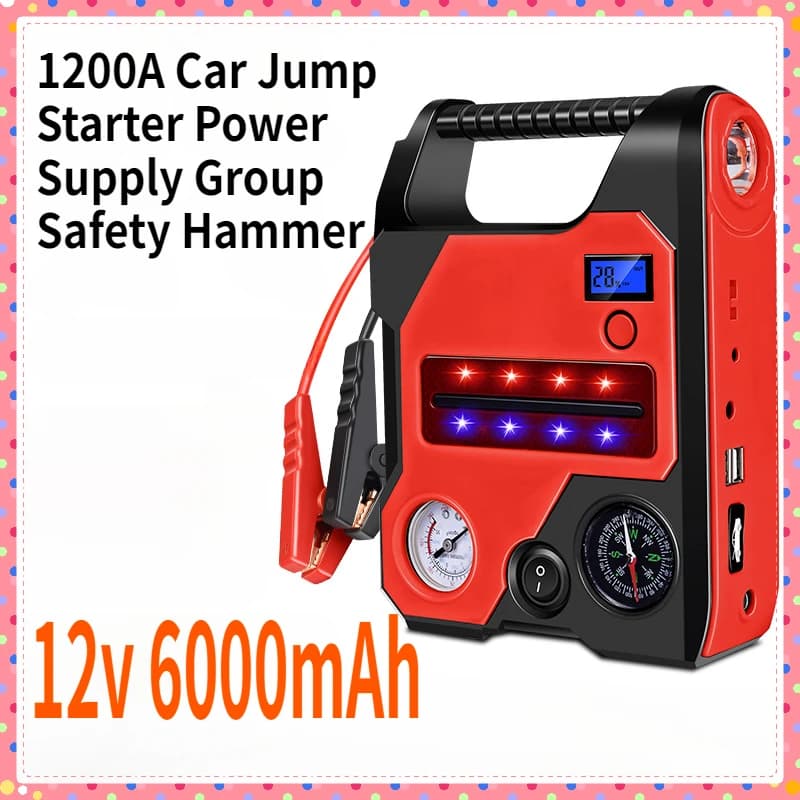 1200A Avviatore di emergenza per auto Gruppo di alimentazione Martello di sicurezza 12v 6000mAh Dispositivo di avviamento automatico per auto Pompa d'aria opzionale