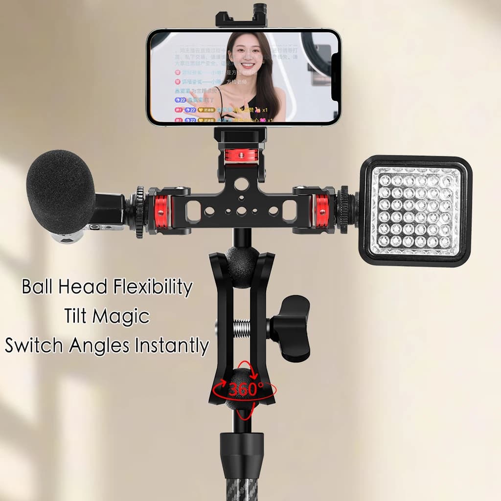 Staffa di montaggio per 3 fotocamere regolabile 1/4 ARRI Ballhead per GoPro Action Phone LED Mic Treppiede Live Stream Selfie Stick Multi Holder