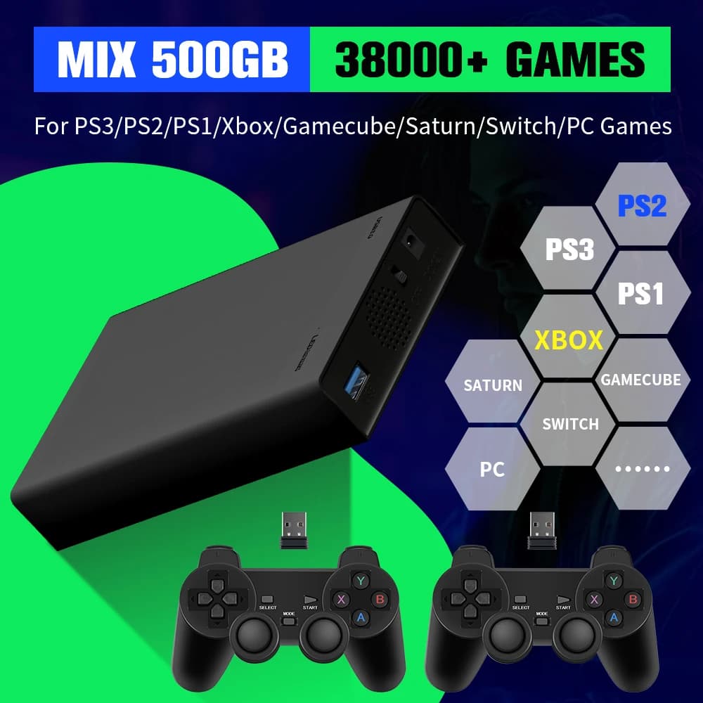 Hard disk da 500 GB con oltre 38000 giochi per Xbox/PS3/PS2/Gamecube/Wii/Wiiu/Switch, 3 sistemi in 1, console di gioco Plug&Play per PC WIN