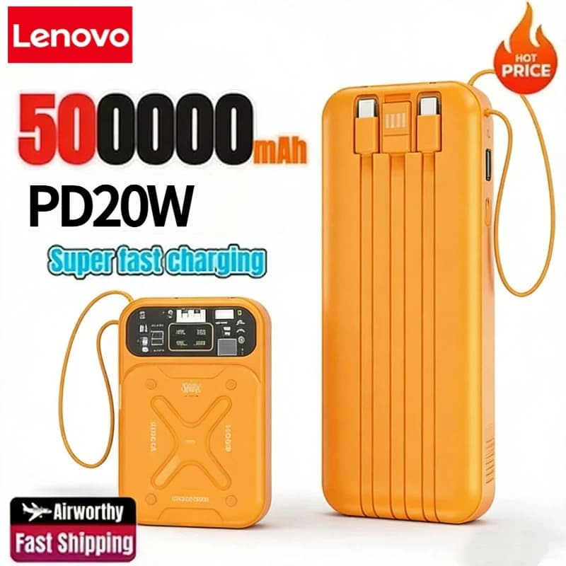 Lenovo 50000mAh Large Capacity Mech Wind Mobile Power Bank with 20W Fast Charging built-in cable Suitable for iPhone Samsung
