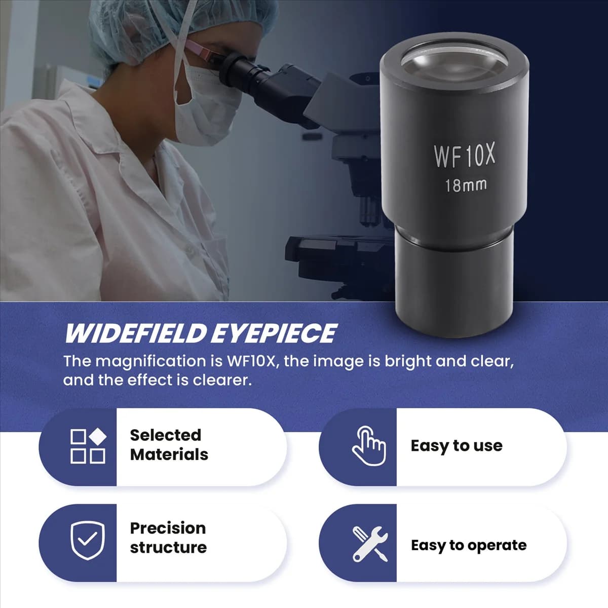 Oculare per microscopio 10X Oculare per microscopio Lenti ottiche grandangolari Adattatore Campo 18mm Lente oculare professionale Standard