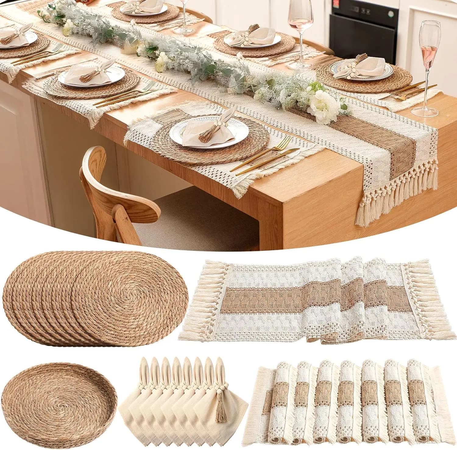 8 set di tovagliette decorative Boho, tovagliette rotonde intrecciate, tovaglioli in tessuto, portatovaglioli con perline in legno, runner lungo per tavolo (Kaki, 12x108)