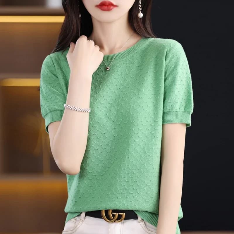 T-shirt da donna in maglia a maniche corte, girocollo, tinta unita, top estivo