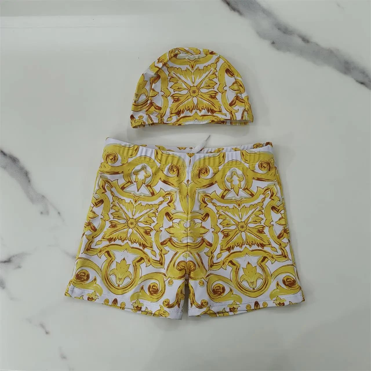 2026 new kids swim trunks with Cap yellow Floral swim shorts Quick Dry Elastic Waist Kids Beach Swimwear Bathing Suit