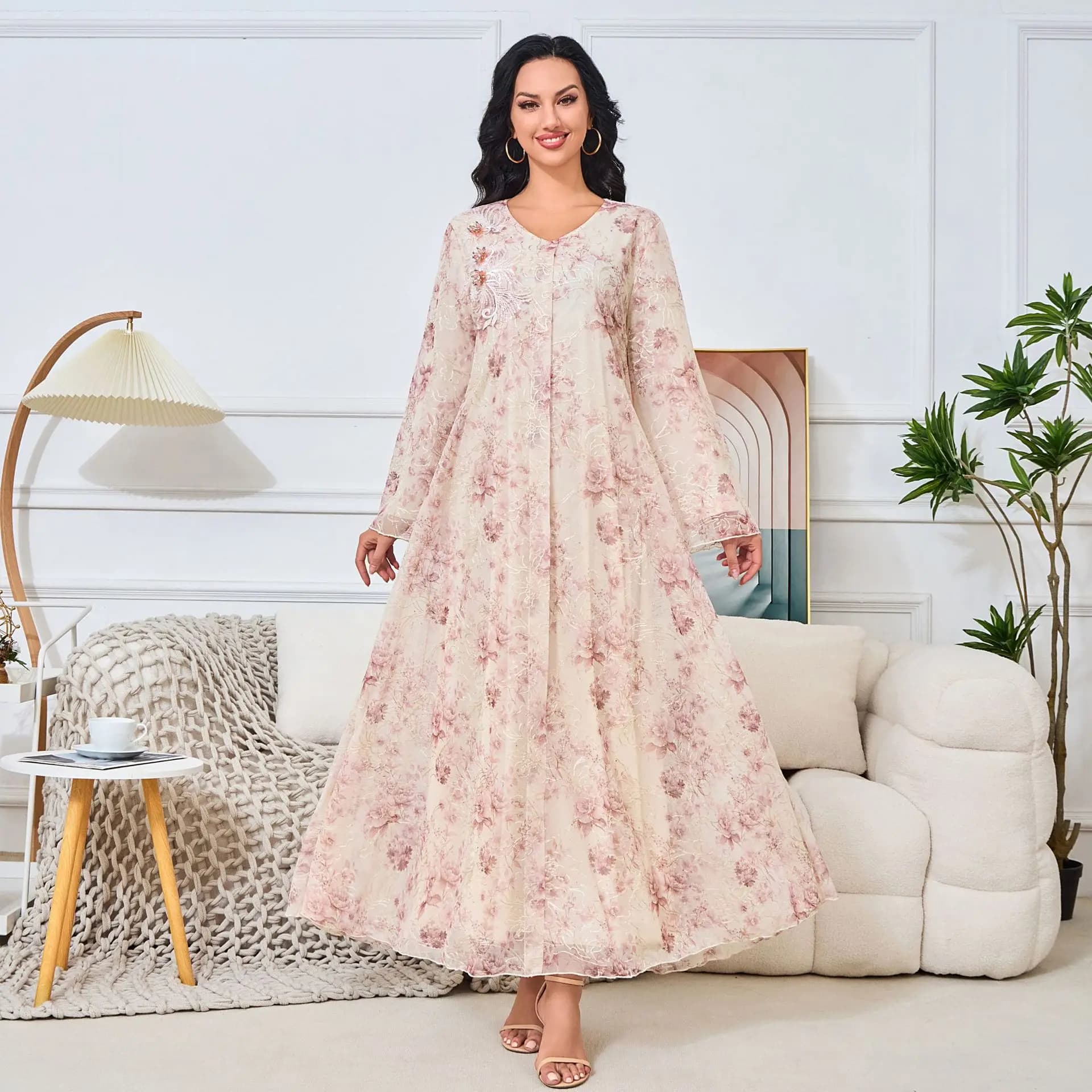 Abito Abaya arabo con pendolo stampato a maniche lunghe Abito Abaya da donna 2025 Autunno e inverno Abbigliamento donna di nuova moda