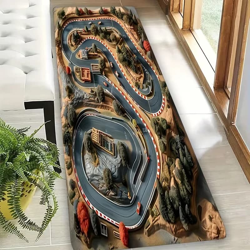Tappetino da gioco per pista da corsa 3D Tappeto da strada blu colorato con case degli alberi per la camera dei bambini Tappeto per veicoli giocattolo antiscivolo per giochi per bambini