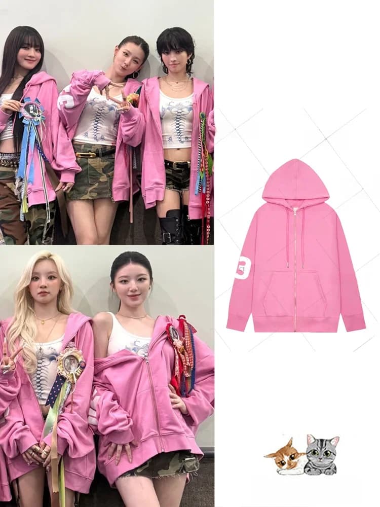 Felpa con cappuccio rosa con stampa digitale, con cerniera, da donna, in cotone, a maniche lunghe, casual, alla moda, CICIZHUANG