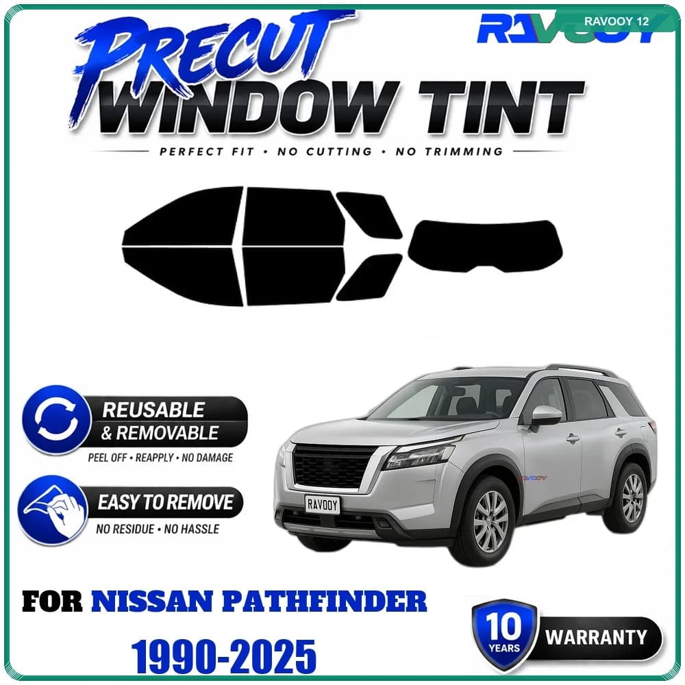 RAVOOY Precut Window Tint, Reusable Removable EPU Film, Custom Fit for Nissan Pathfinder 1990-2025, UV Heat Protection