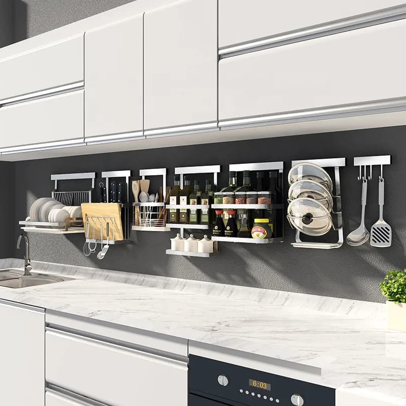 Set Classico di Utensili da Cucina in Acciaio Inox, Portaoggetti da Parete Pieghevole, Mensola Angolare per Spezie e Organizzatore