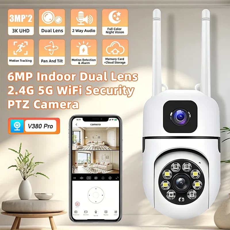 Indoor Security Camera Night Vision Two Way Audio Baby Monitor Dual Lens 6MP WiFi IP Camera 360° Pan Tilt