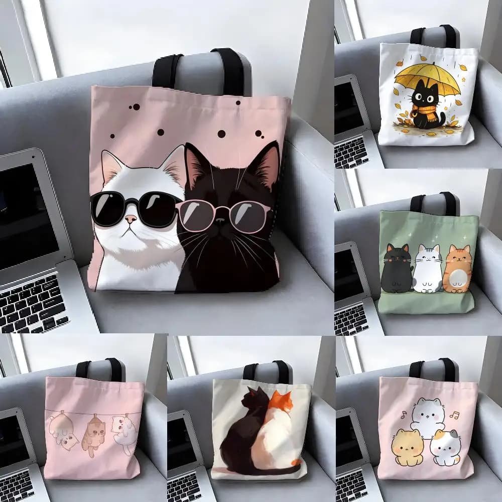 Cute cartoon plush cat 4 Storage Bags Canvas Tote Bag Large Women's Designer Handbags Shopping Bags for Groceries